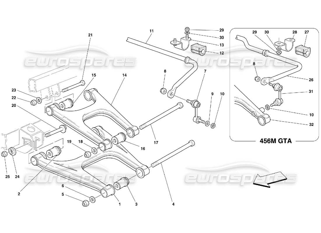 Ferrari 456 M GT/M GTA Rear Suspension - Wishbones and Stabilizer Bar Parts Diagram