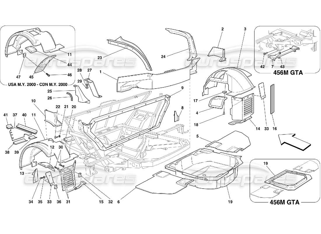 Ferrari 456 M GT/M GTA Rear Structures and Components Parts Diagram