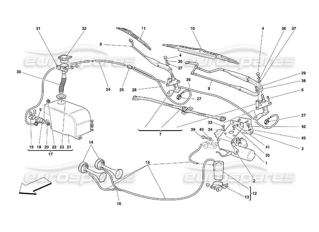 Ferrari 456 M GT/M GTA Windshield Wiper, Washer and Horns Part Diagram