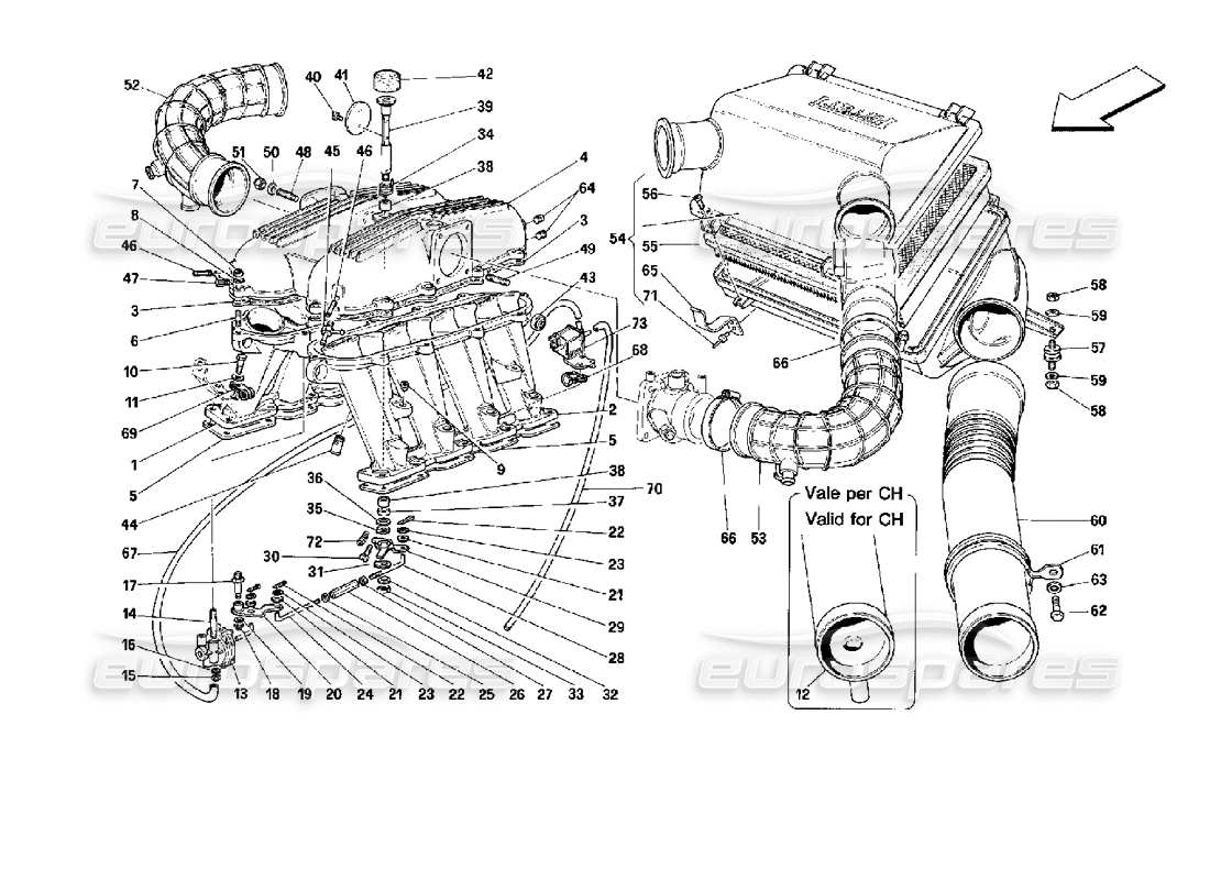 Ferrari Mondial 3.4 t Coupe/Cabrio Manifolds and Air Intake - Motronic 2.5 Part Diagram