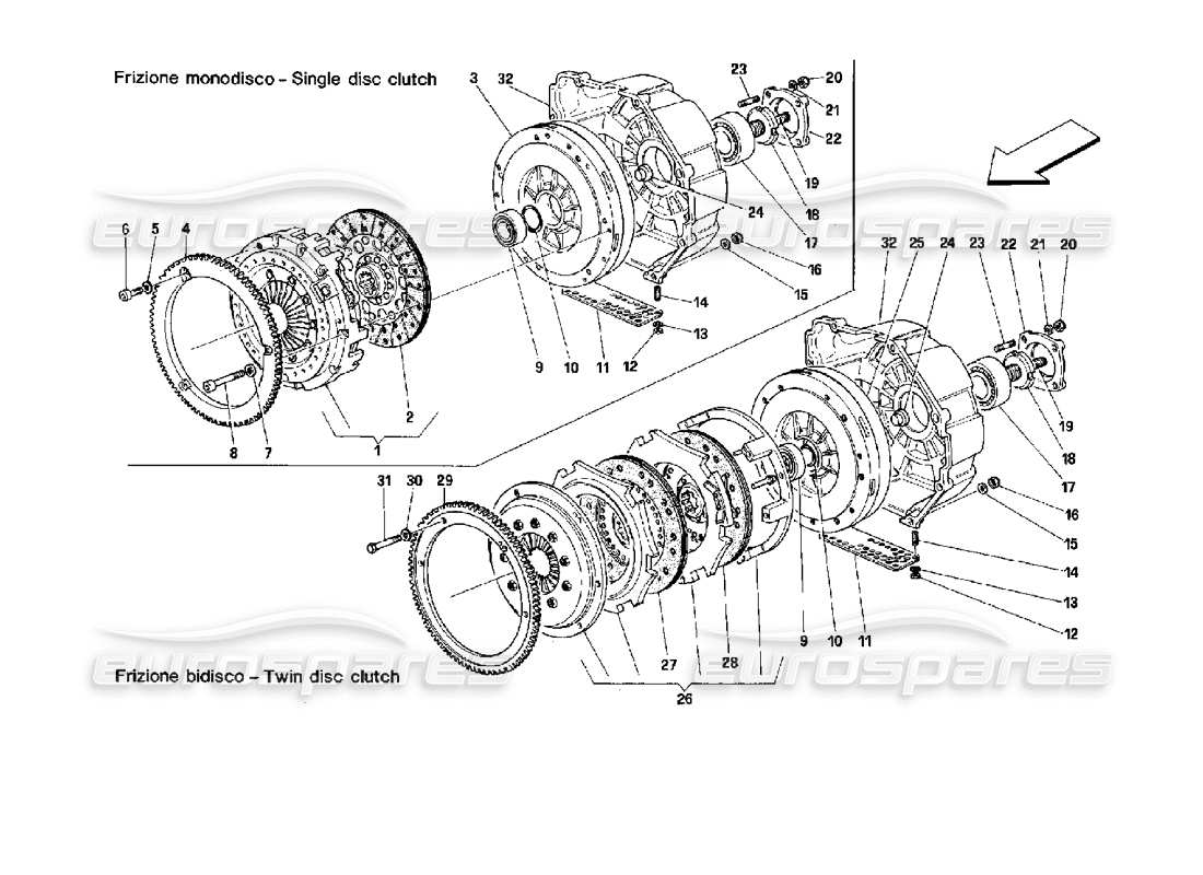 Ferrari Mondial 3.4 t Coupe/Cabrio Single and Double Disc Clutch Part Diagram