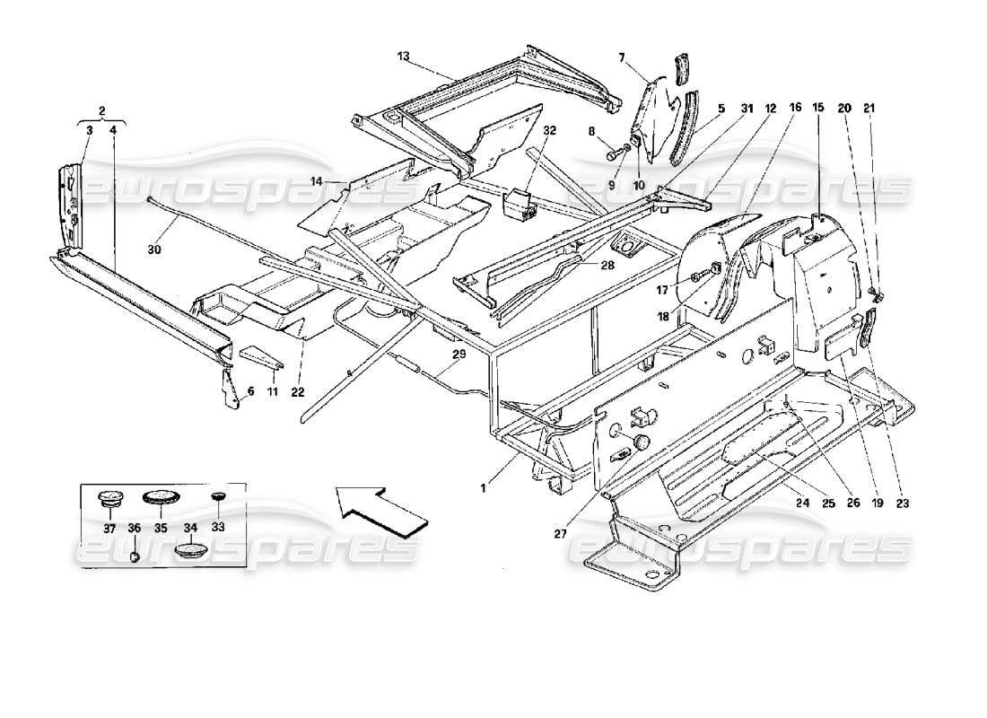 Ferrari Mondial 3.4 t Coupe/Cabrio Body Shell: Inner Elements - Rear Part - Cabriolet Part Diagram