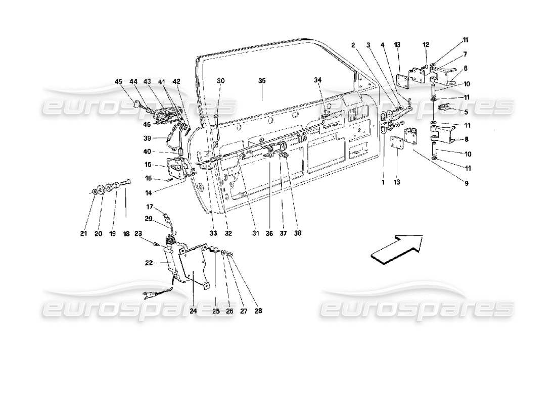 Ferrari Mondial 3.4 t Coupe/Cabrio Doors - Coupe - Opening Control and Hinges Part Diagram