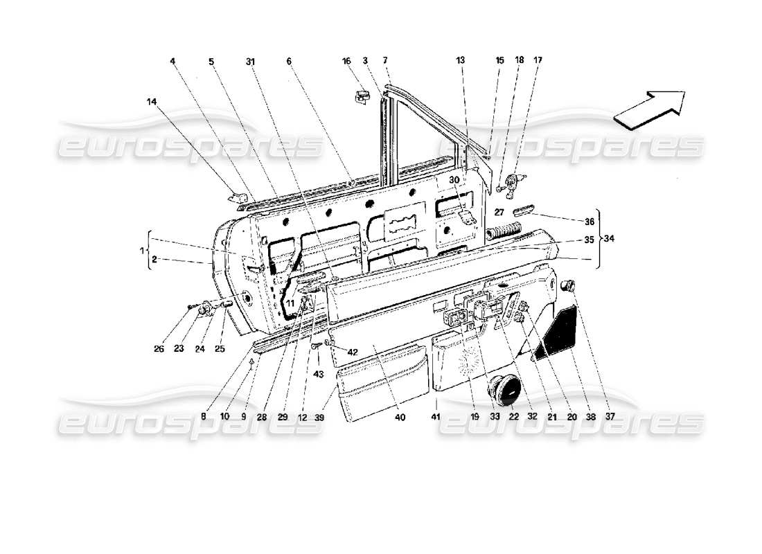 Ferrari Mondial 3.4 t Coupe/Cabrio Doors - Cabriolet - Framework and Linings Part Diagram