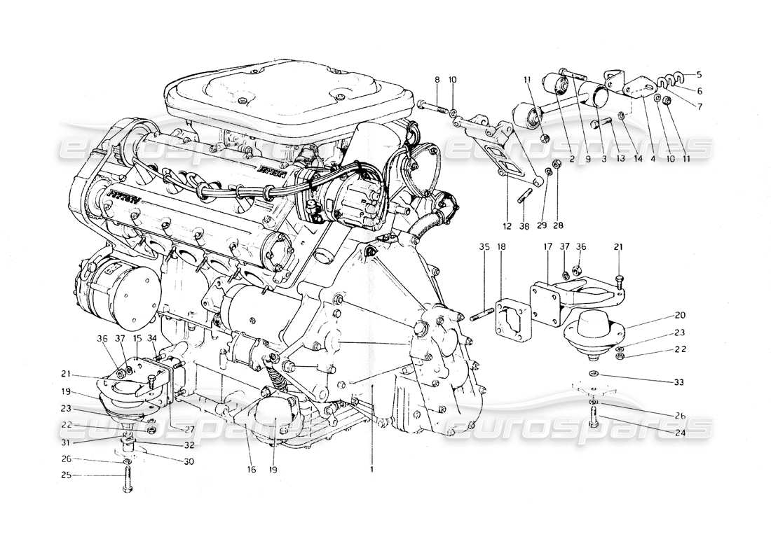 Ferrari 308 GT4 Dino (1979) engine - gearbox and supports Part Diagram