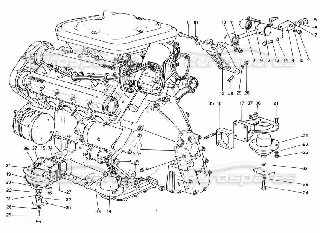 Ferrari 308 GTB (1976) engine - gearbox and supports Part Diagram