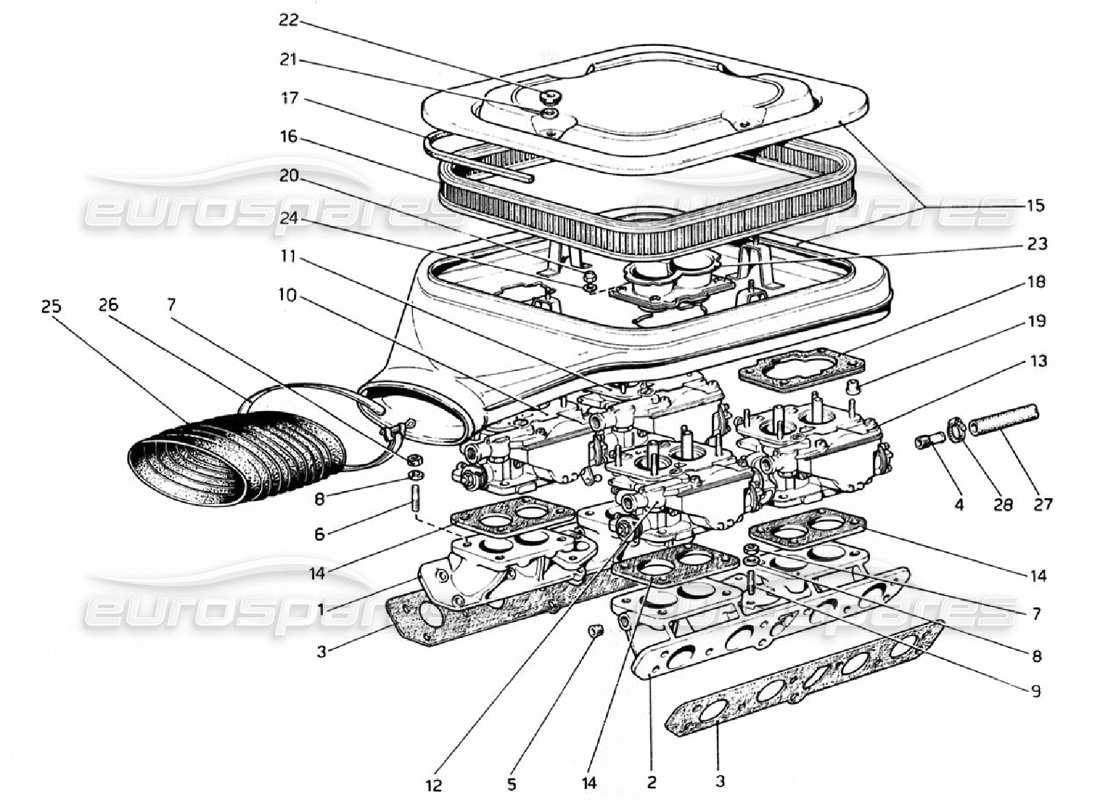 Ferrari 308 GTB (1976) carburettors and air cleaner Part Diagram