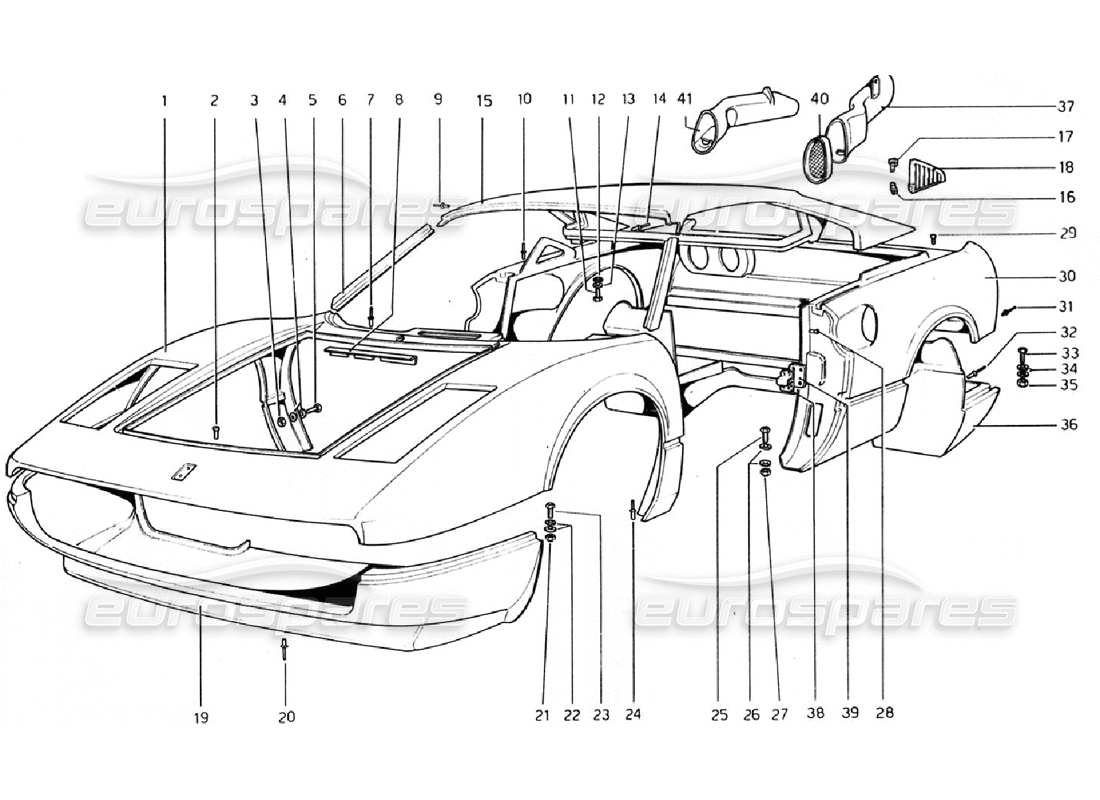 Ferrari 308 308 GTB (1976) 102 Body Shell - Outer Elements Part Diagram.