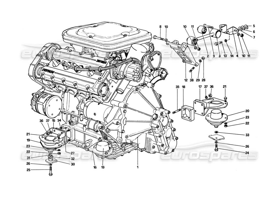 Ferrari 308 GTB (1980) engine - gearbox and supports Part Diagram