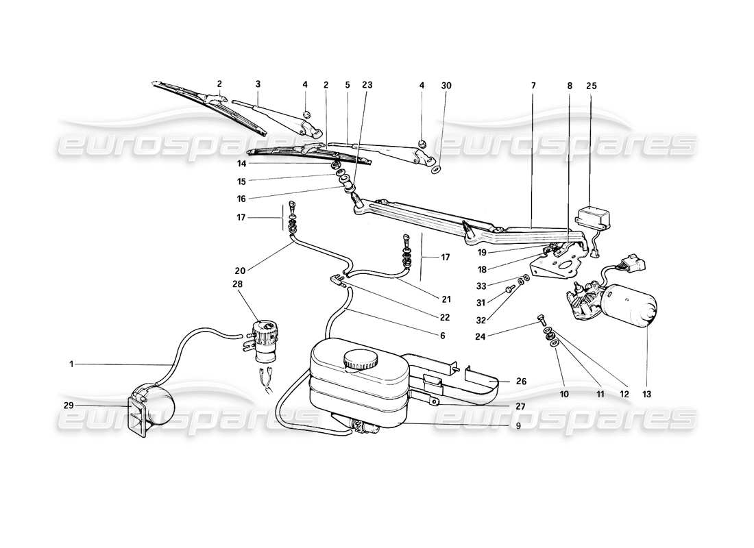 Ferrari 308 (1981) GTBi/GTSi Windshield Wiper, Washer and Horn Part Diagram