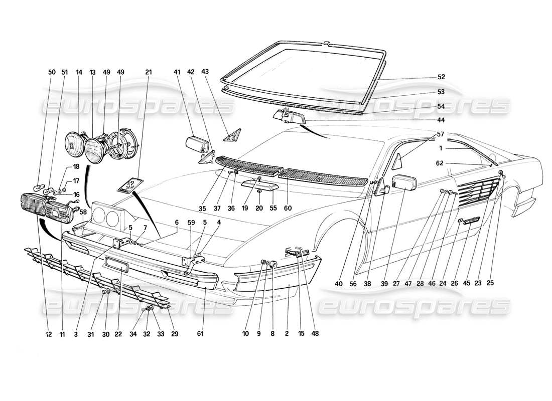 Ferrari Mondial 8 (1981) Bumpers, Headlamps and Front Glasses Part Diagram