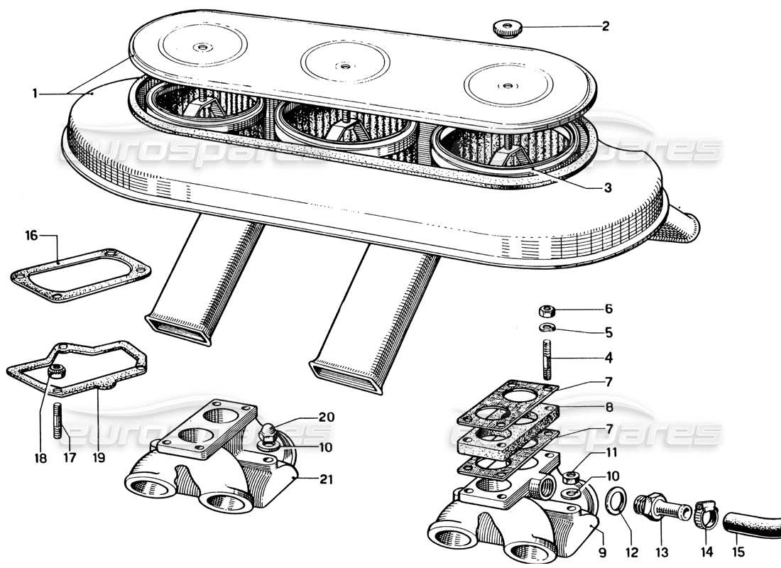 Ferrari 330 GTC Coupe air filter and manifolds Part Diagram
