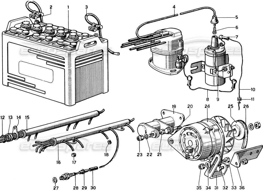 Ferrari 330 GTC Coupe Generator and Battery Part Diagram