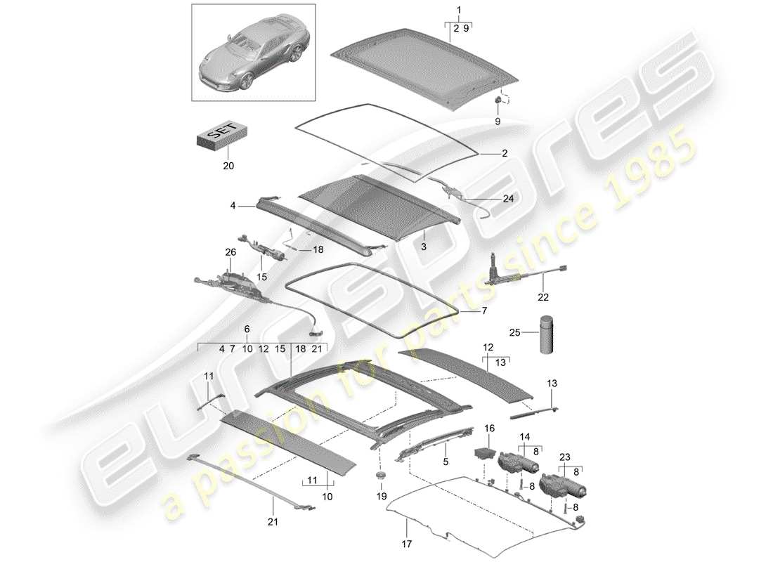 Porsche 991 Turbo (2018) glass roof Part Diagram
