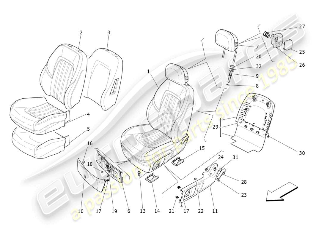 Maserati Ghibli (2014) front seats: trim panels Part Diagram