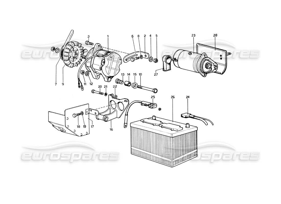 Ferrari 246 Dino (1975) Current Generating System - Starting Motor Part Diagram