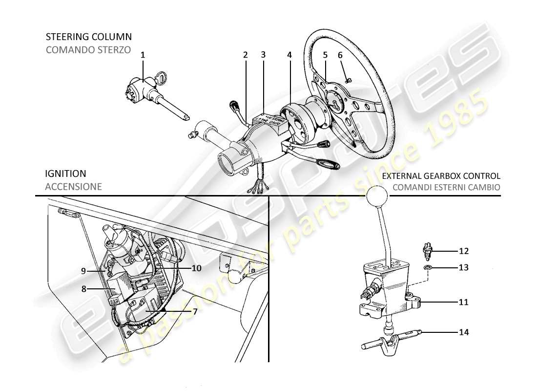 Ferrari 246 Dino (1975) Steering Control, engine ignition and Gearbox Outer Controls (Variants for USA Versions) Part Diagram