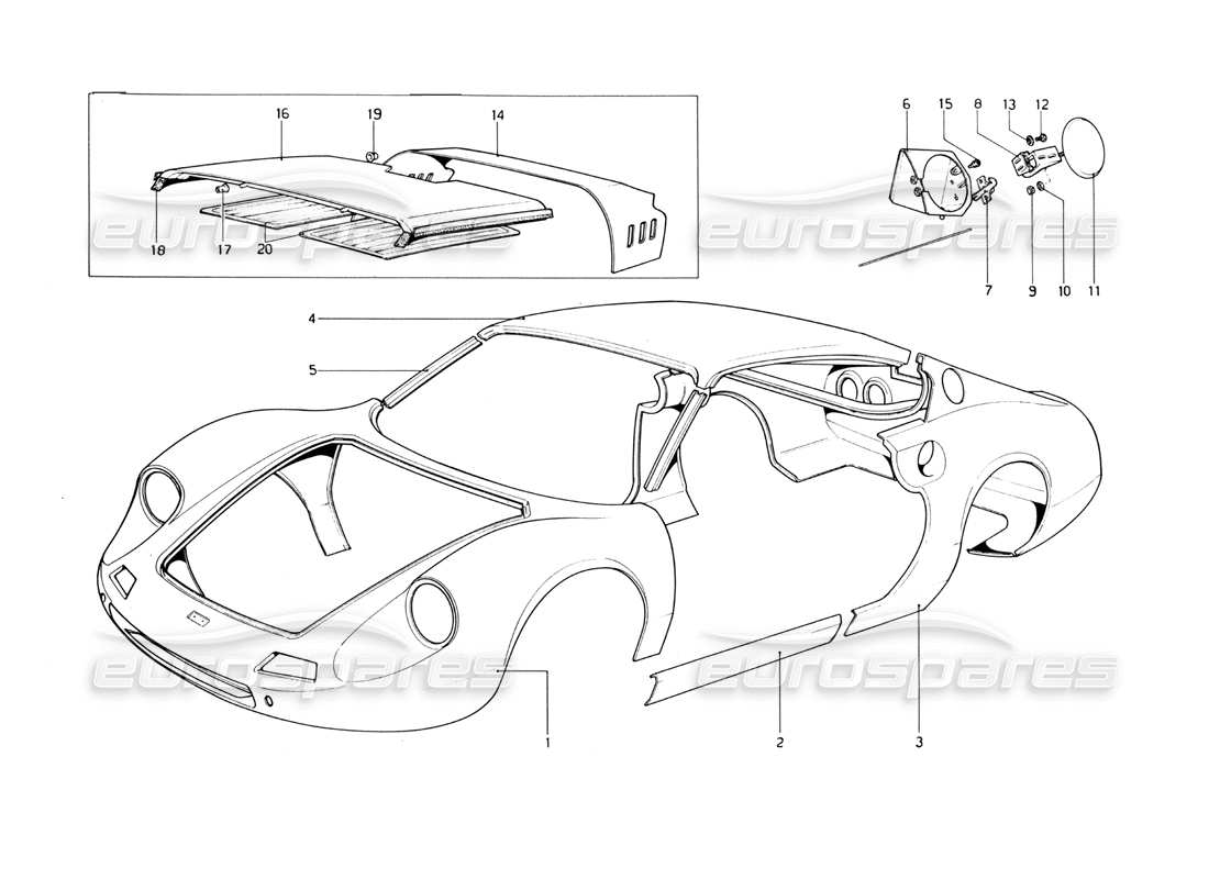 Ferrari 246 Dino (1975) Body Shell - Outer Elements Part Diagram