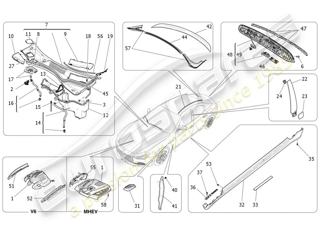 Maserati Ghibli (2015) shields, trims and covering panels Part Diagram