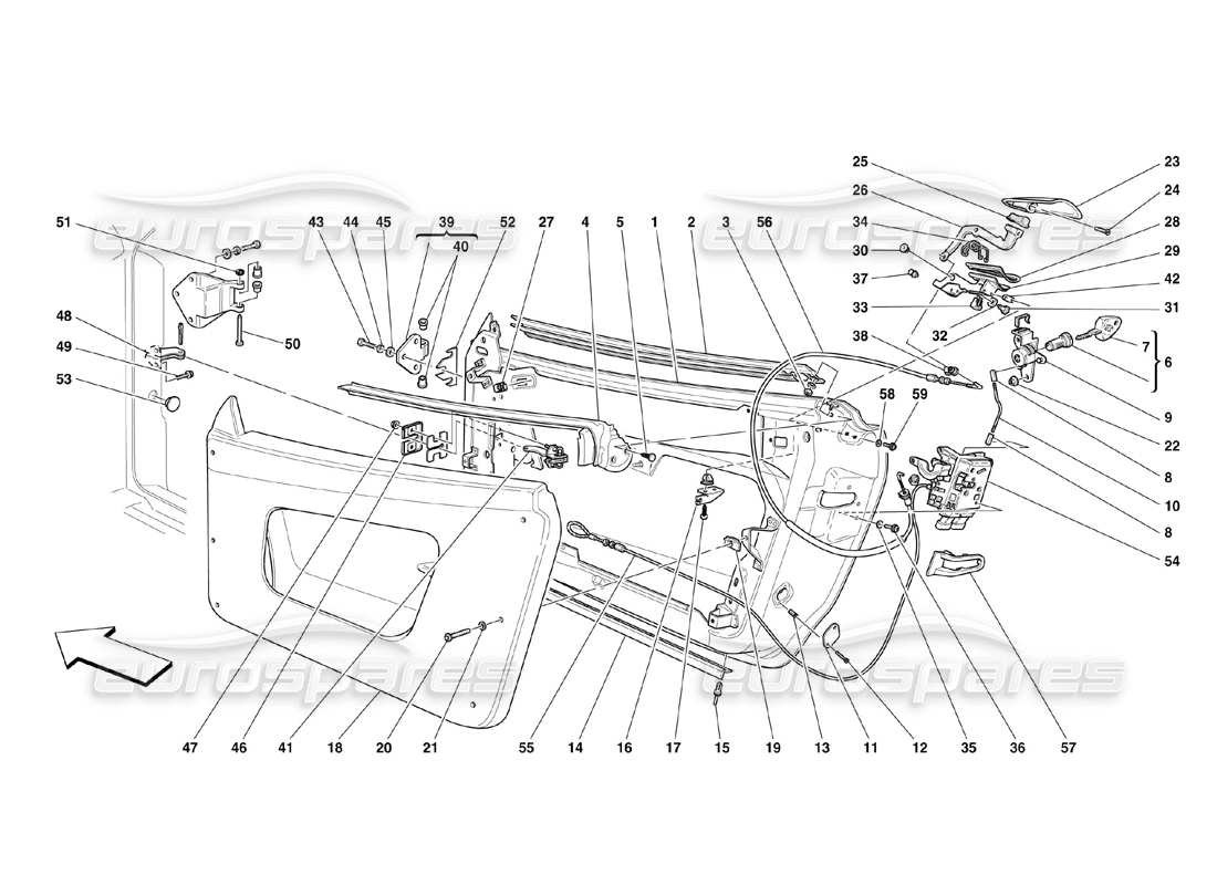 Ferrari 360 Challenge (2000) Doors - Framework and Coverings - Opening Control and Hinges Part Diagram