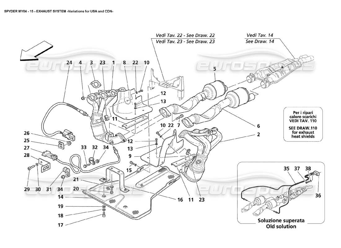 Maserati 4200 Spyder (2004) Exhaust System Variations for USA and CDN Part Diagram