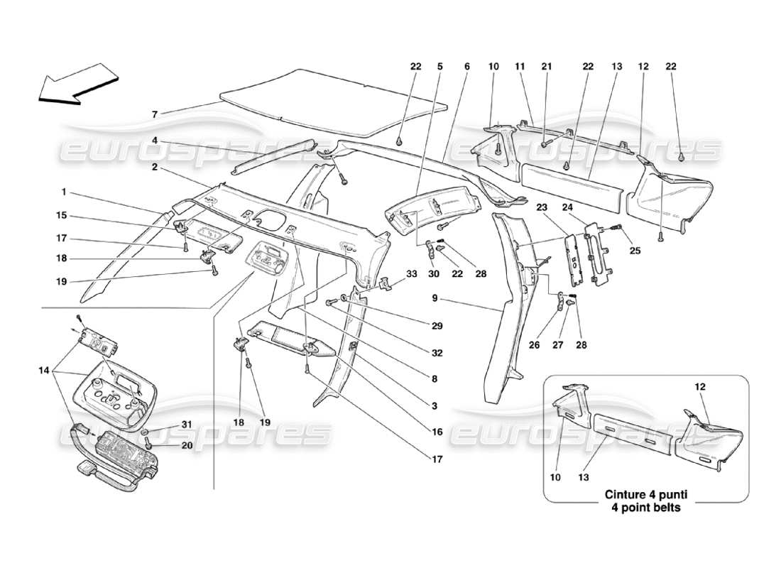 Ferrari 360 Challenge Stradale Roof Panel Upholstery and Accessories Parts Diagram