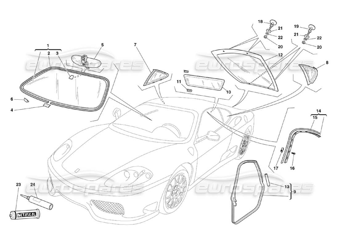 Ferrari 360 Challenge Stradale Glasses and Gaskets Parts Diagram