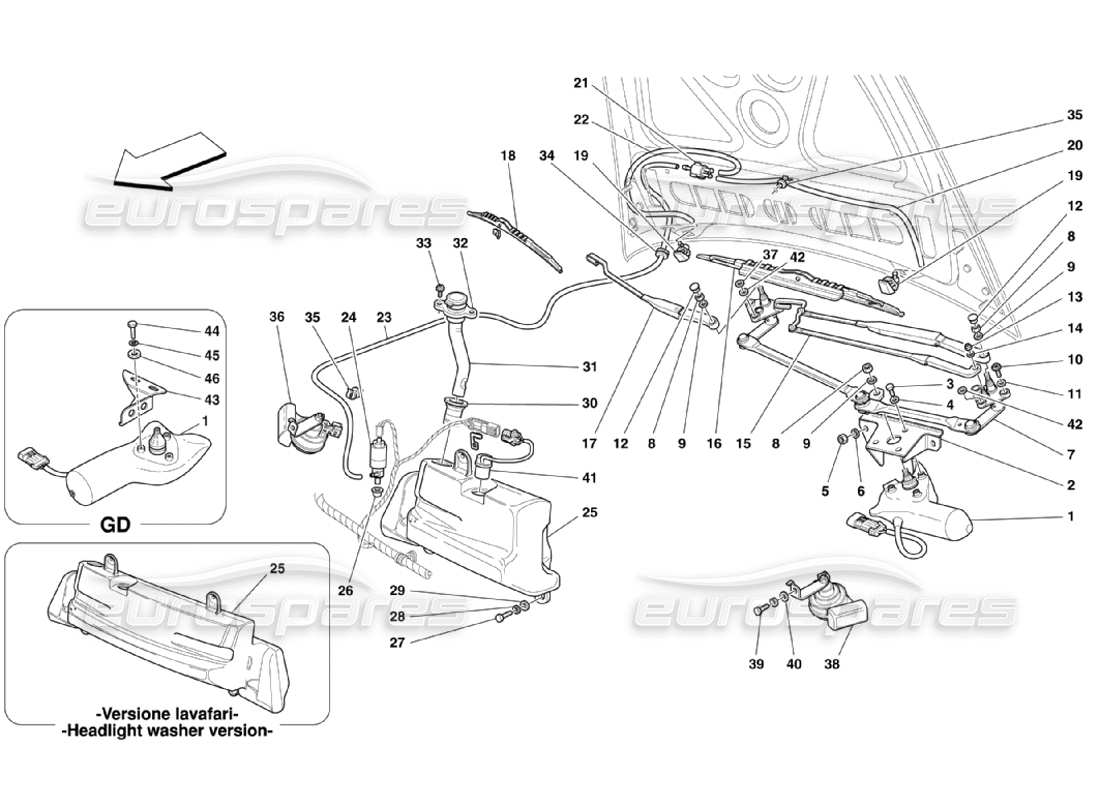 Ferrari 360 Challenge Stradale Windshield, Glass Washer and Horns Part Diagram