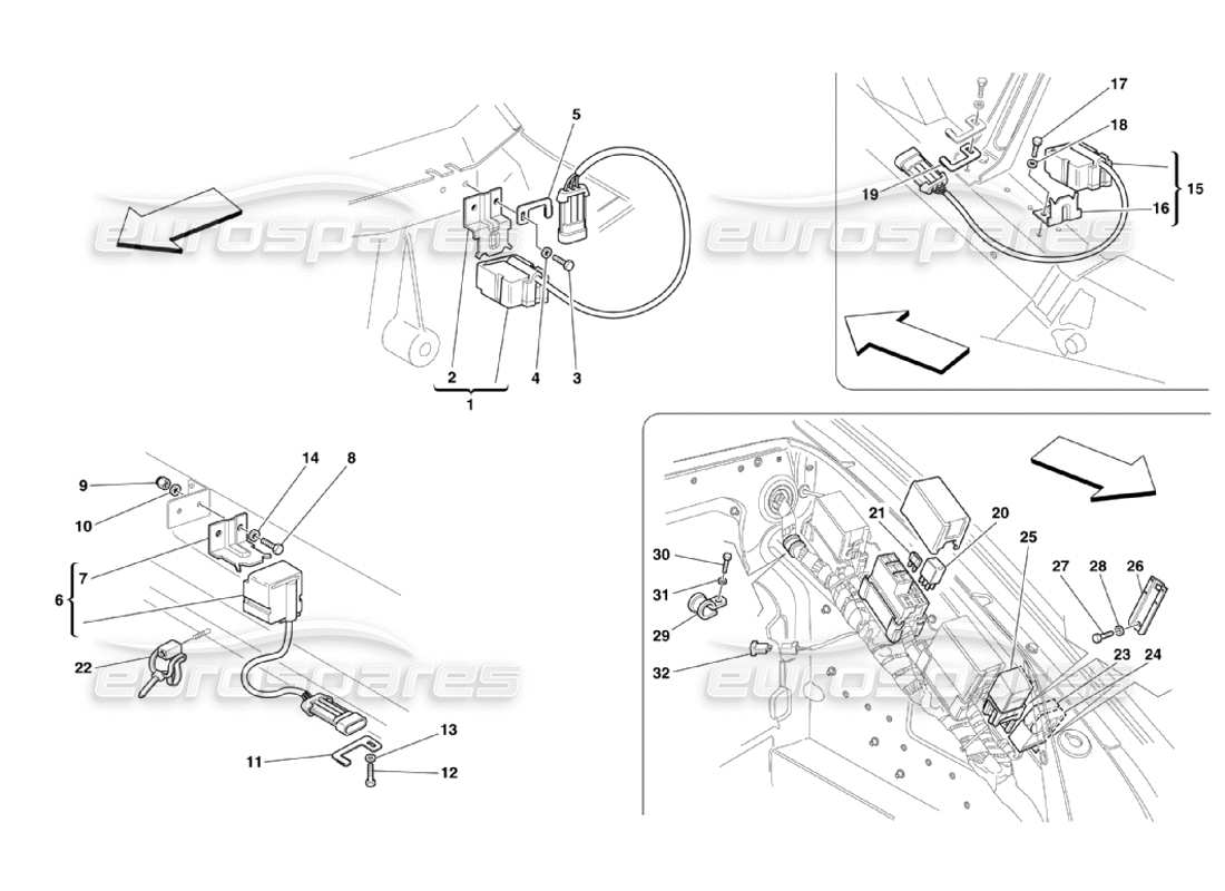 Ferrari 360 Challenge Stradale Front and Motor Compartments Electrical Boards and Sensor Parts Diagram