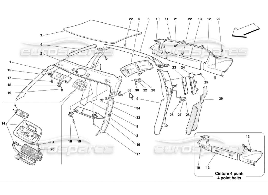 Ferrari 360 Modena Roof Panel Upholstery and Accessories Parts Diagram