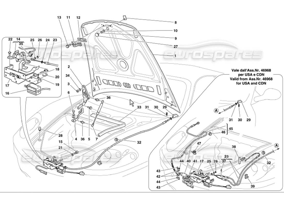 Ferrari 360 Modena Front Hood and Opening Device Part Diagram