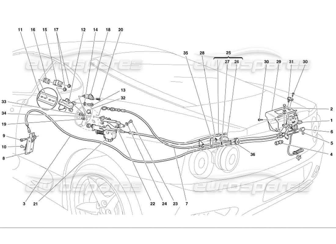 Ferrari 360 Modena Opening Devices for Engine Bonnet and Gas Door Parts Diagram