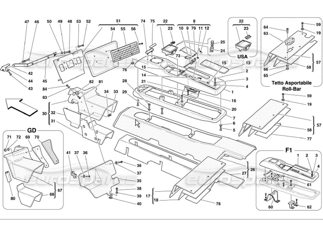 Ferrari 360 Modena Tunnel Framework and Accessories Part Diagram