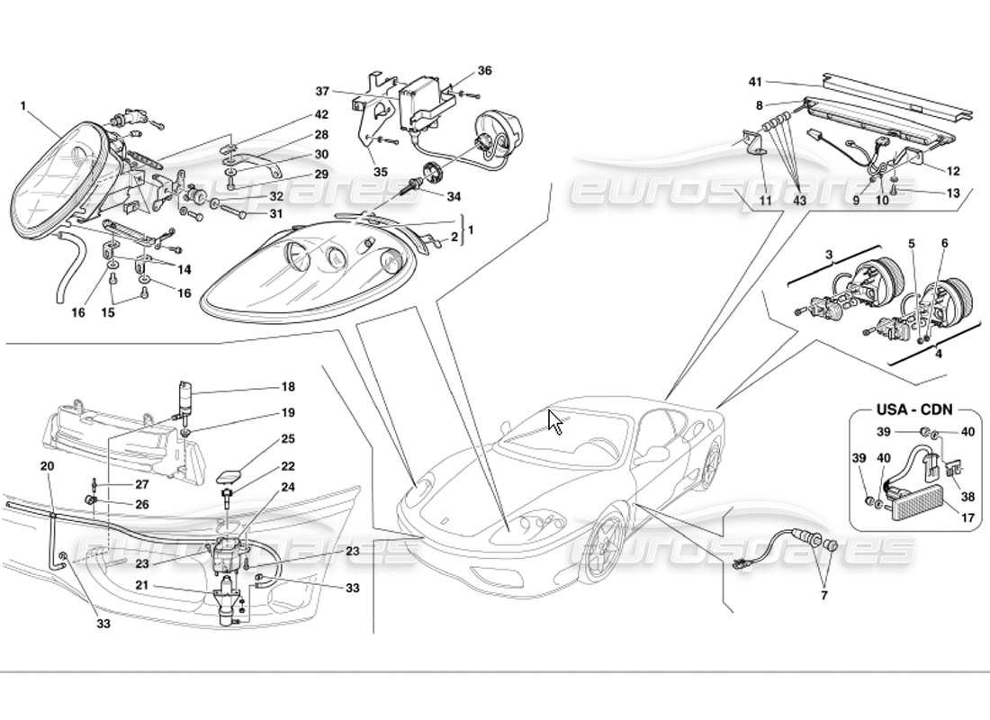 Ferrari 360 Modena Front and Rear Lights Parts Diagram