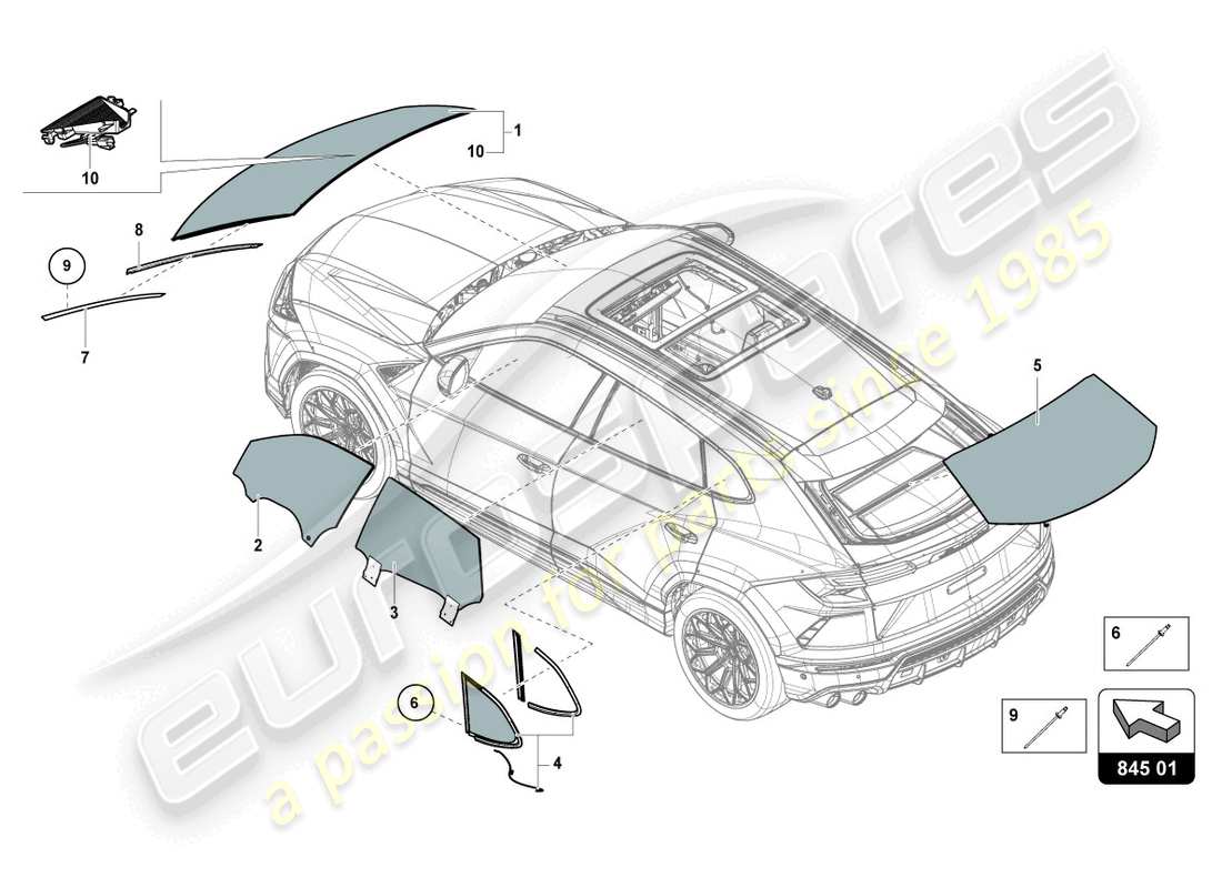 Lamborghini Urus Performante (2023) WINDOW GLASSES Part Diagram