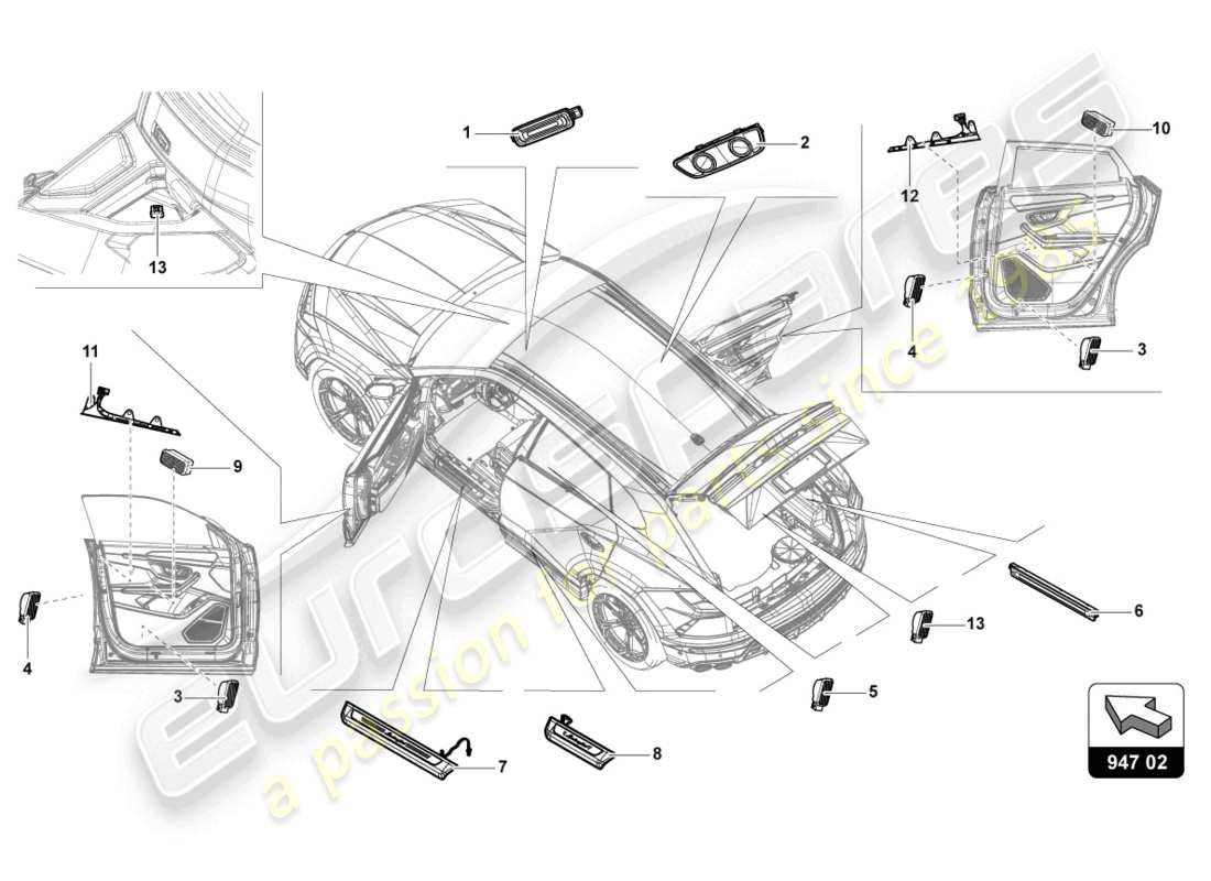 Lamborghini Urus Performante (2023) SINGLE PARTS FOR INTERIOR AND READING LIGHT Part Diagram