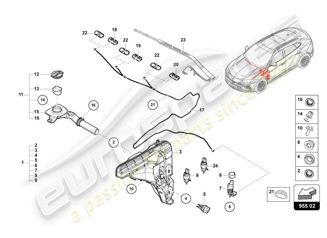 Lamborghini Urus Performante (2023) WINDSCREEN WASHER SYSTEM Part Diagram