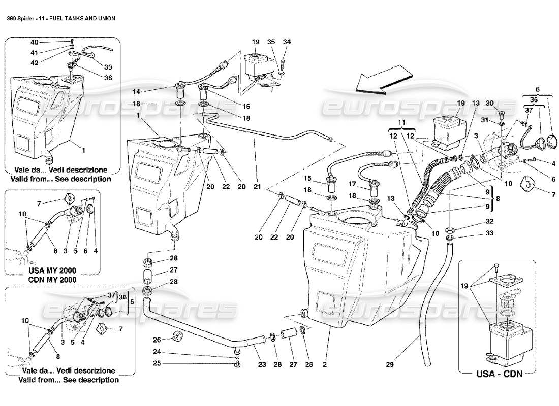 Ferrari 360 Spider Fuel Tanks and Union Part Diagram
