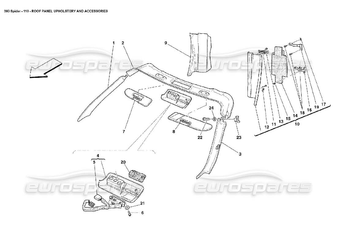 Ferrari 360 Spider Roof Panel Upholstery and Accessories Part Diagram