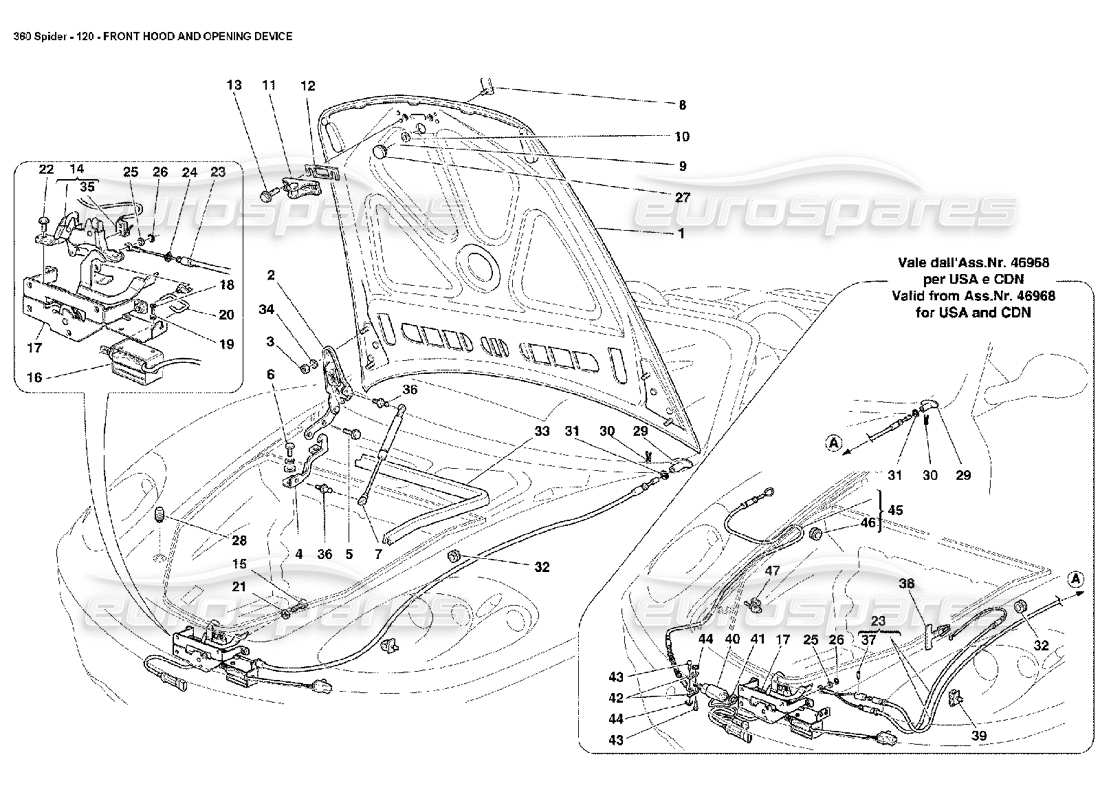 Ferrari 360 Spider Front Hood and Opening Device Part Diagram