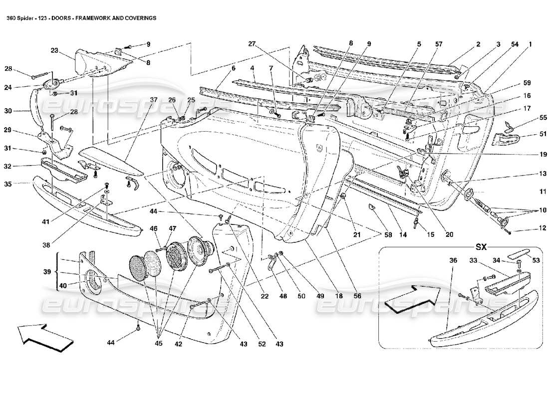Ferrari 360 Spider Doors - Framework and Coverings Part Diagram