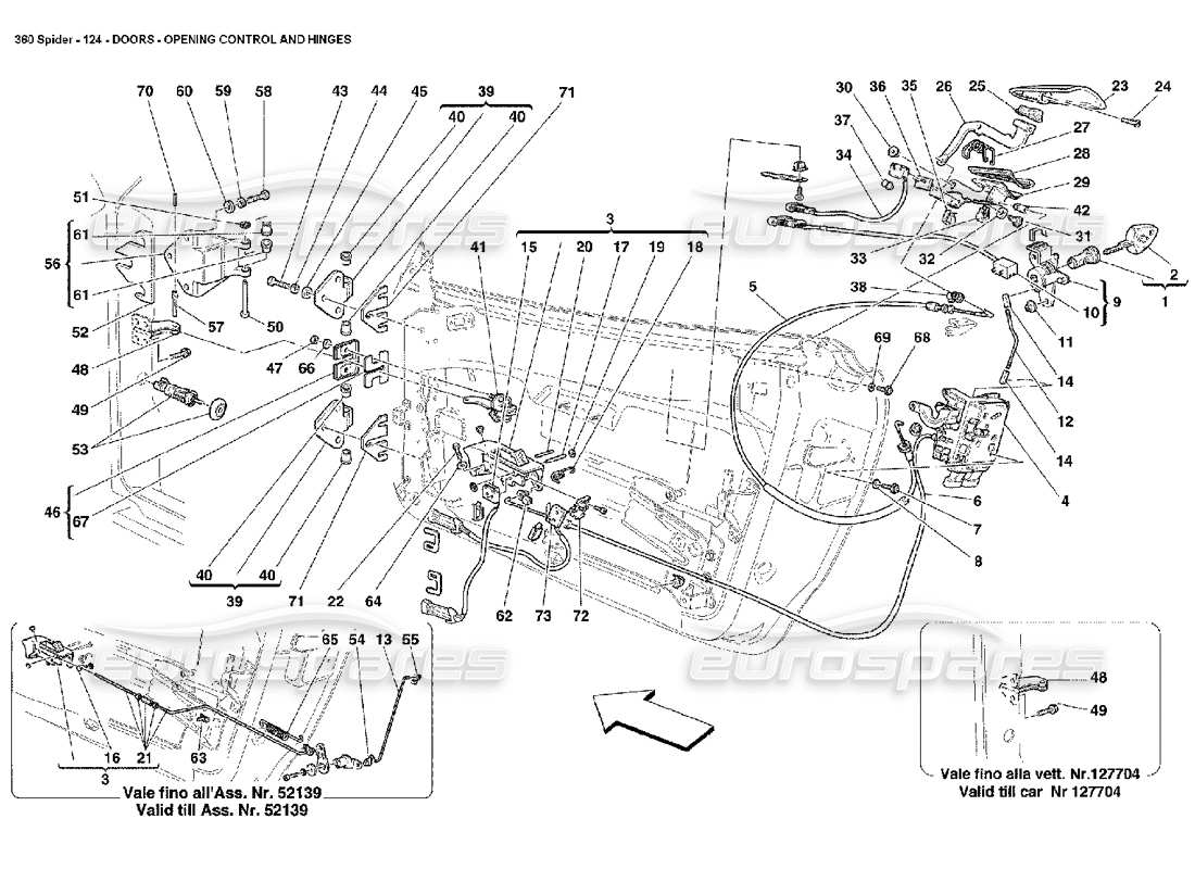 Ferrari 360 Spider Doors - Opening Control and Hinges Part Diagram