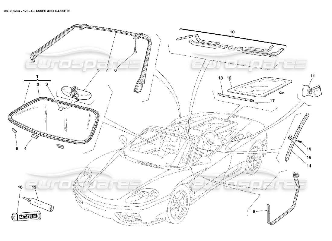 Ferrari 360 Spider Glasses and Gaskets Part Diagram
