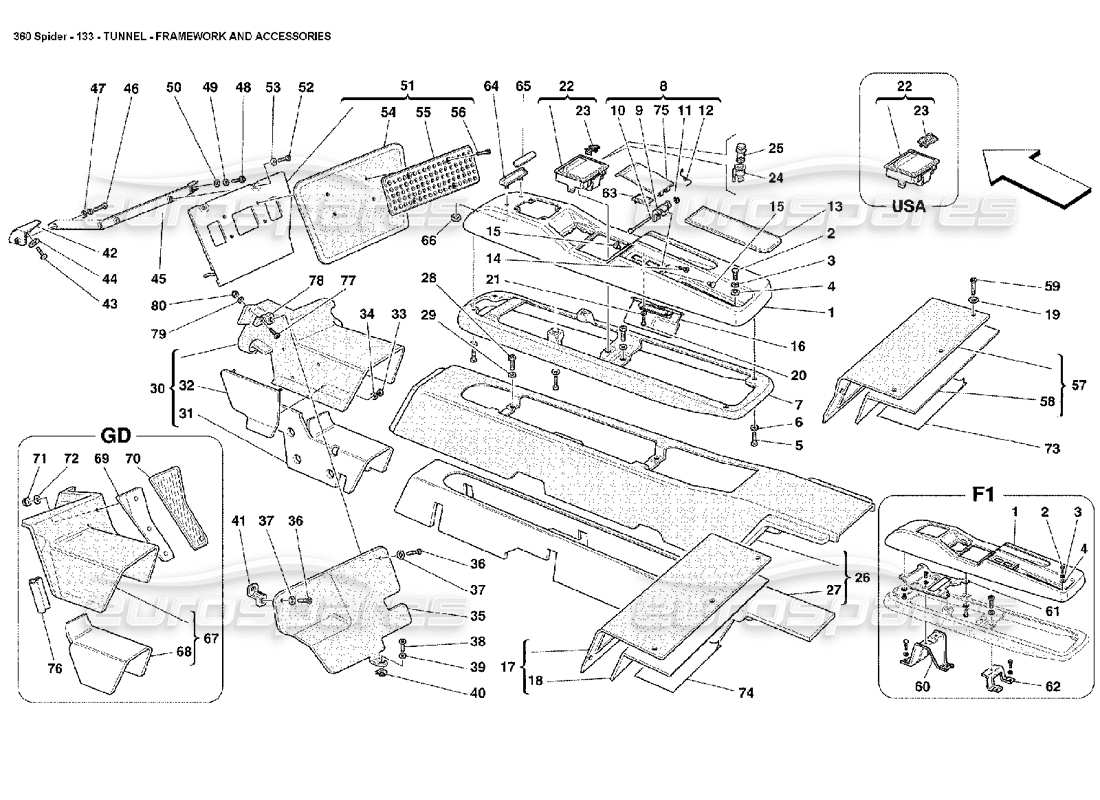 Ferrari 360 Spider Tunnel - Framework and Accessories Part Diagram