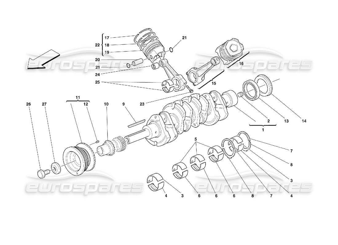 Ferrari 355 (2.7 Motronic) crankshaft, conrods and pistons Parts Diagram