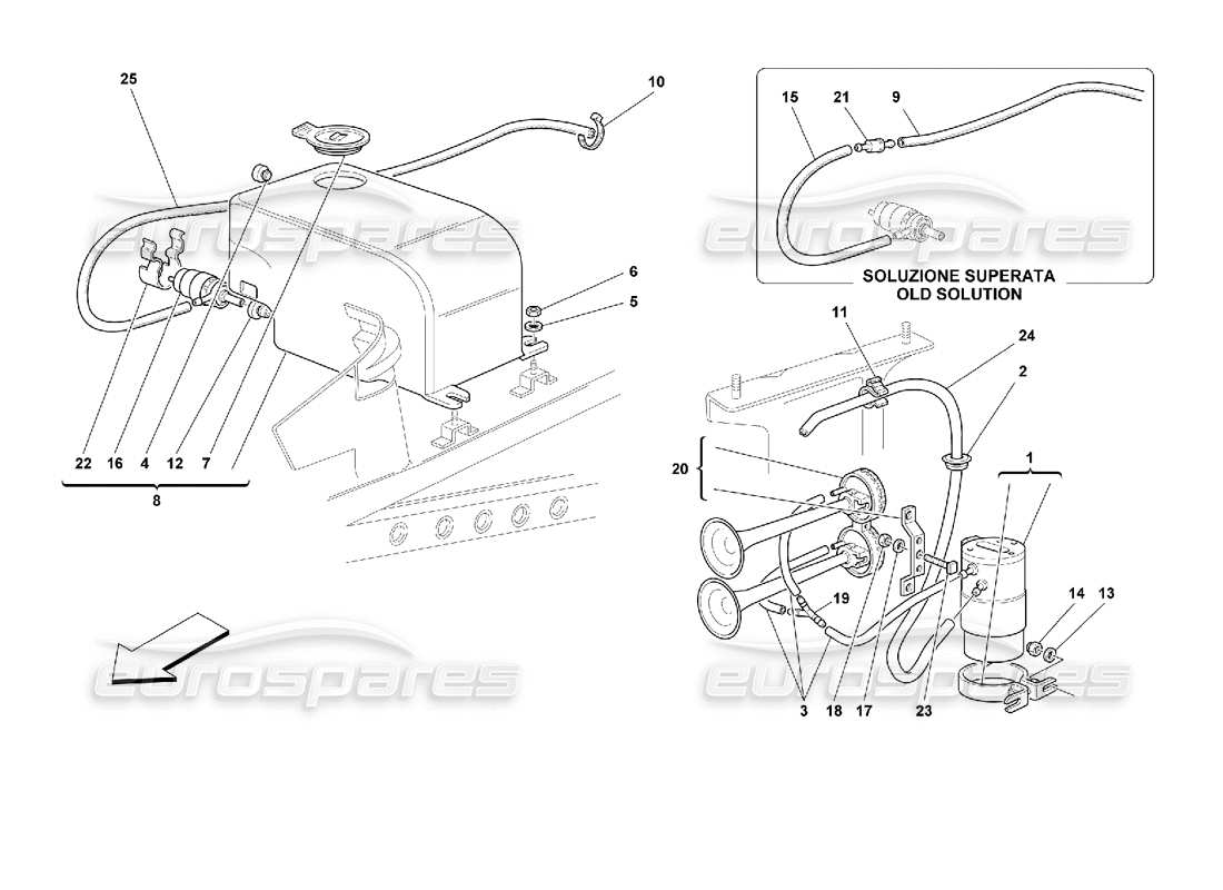 Ferrari 355 (2.7 Motronic) Glass Washer and Horns Part Diagram