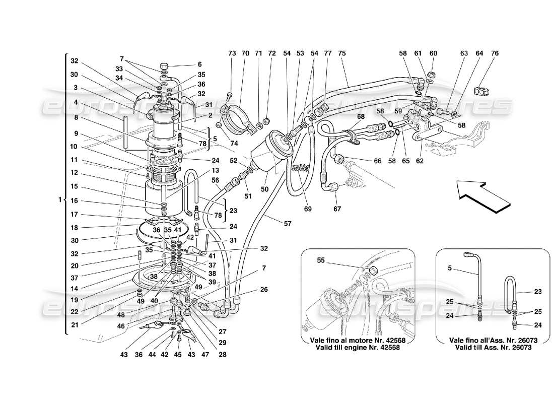 Ferrari 355 (5.2 Motronic) fuel pump and pipes Parts Diagram