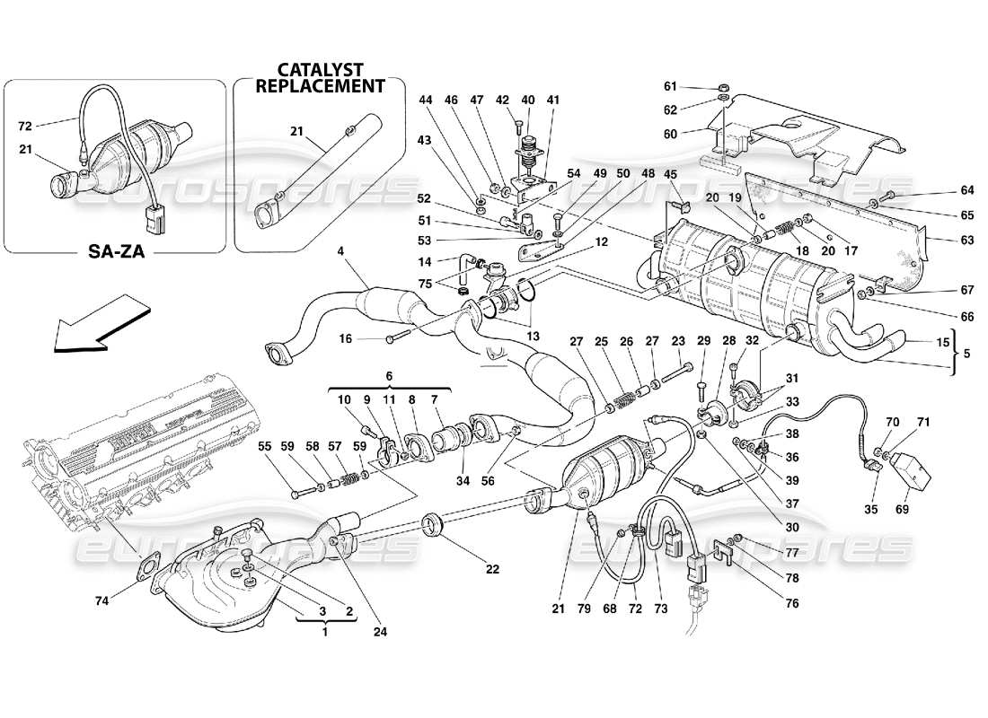 Ferrari 355 (5.2 Motronic) Exhaust System Part Diagram