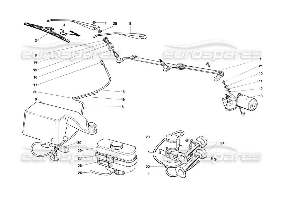 Ferrari 328 (1985) Windshield Wiper, Washer and Horn Part Diagram