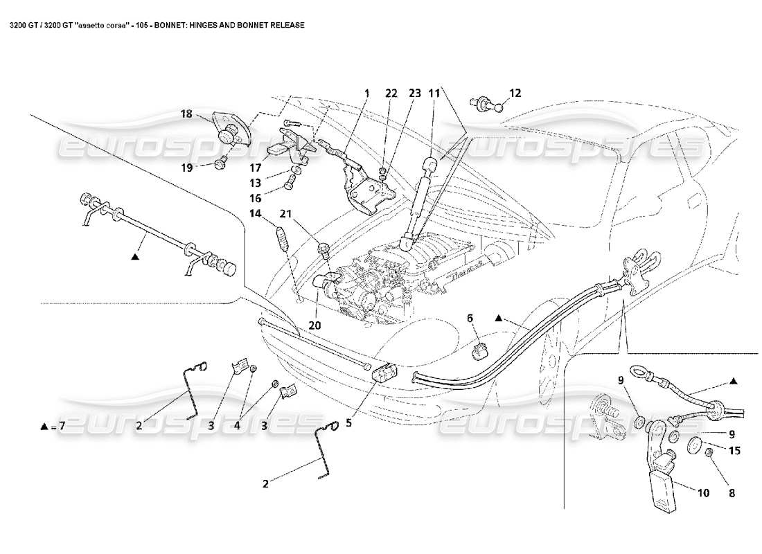 Maserati 3200 GT/GTA/Assetto Corsa Bonnet: Hinges & Bonnet Release Part Diagram